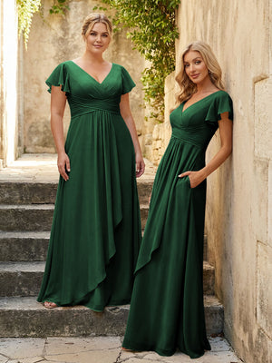Chiffon V Neck Corset Pleated Bridesmaid Dresses
