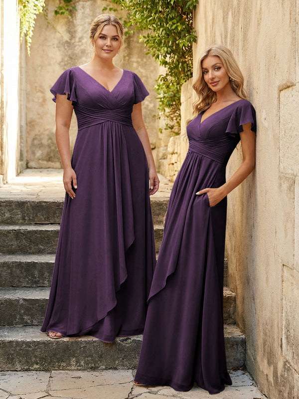 Chiffon V Neck Corset Pleated Bridesmaid Dresses