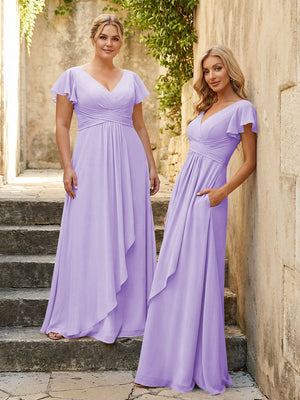 Chiffon V Neck Corset Pleated Bridesmaid Dresses
