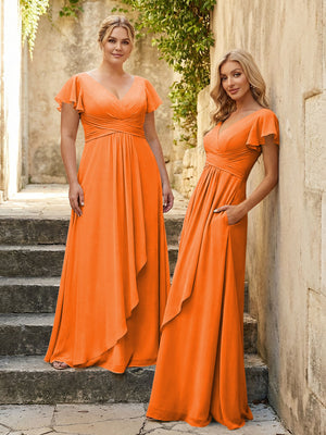 Chiffon V Neck Corset Pleated Bridesmaid Dresses
