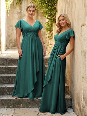 Chiffon V Neck Corset Pleated Bridesmaid Dresses