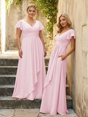 Chiffon V Neck Corset Pleated Bridesmaid Dresses