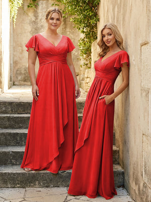 Chiffon V Neck Corset Pleated Bridesmaid Dresses