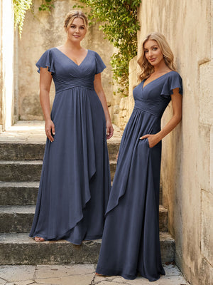 Chiffon V Neck Corset Pleated Bridesmaid Dresses