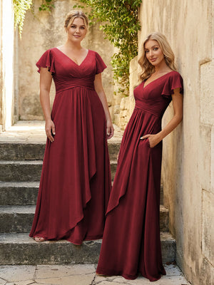 Chiffon V Neck Corset Pleated Bridesmaid Dresses