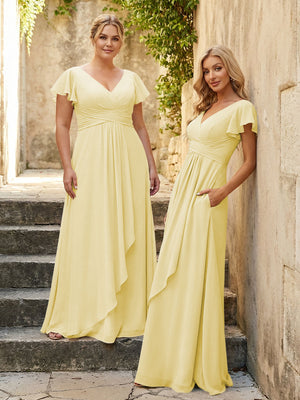Chiffon V Neck Corset Pleated Bridesmaid Dresses