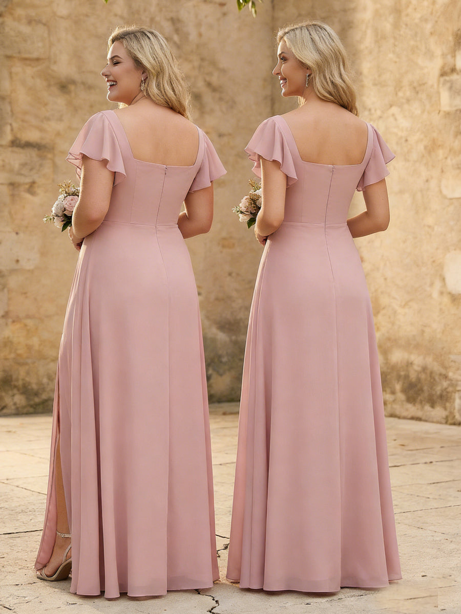 Chiffon Square Neck Corset Bridesmaid Dresses with Slit