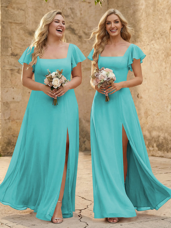 Chiffon Square Neck Corset Bridesmaid Dresses with Slit