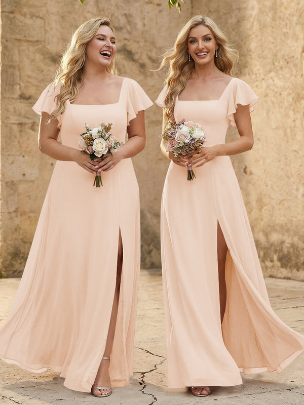 Chiffon Square Neck Corset Bridesmaid Dresses with Slit