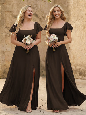 Chiffon Square Neck Corset Bridesmaid Dresses with Slit