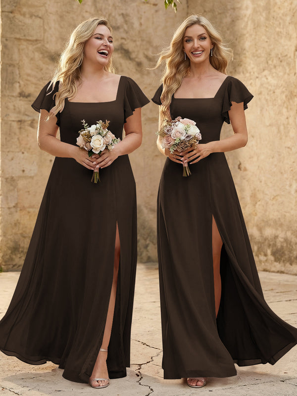 Chiffon Square Neck Corset Bridesmaid Dresses with Slit