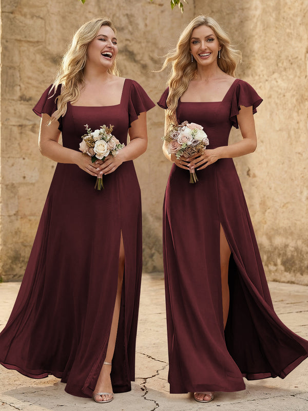 Chiffon Square Neck Corset Bridesmaid Dresses with Slit