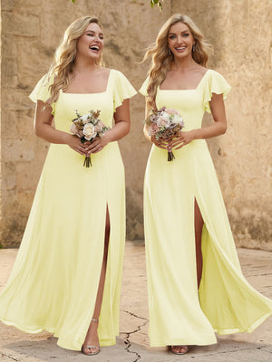 Chiffon Square Neck Corset Bridesmaid Dresses with Slit