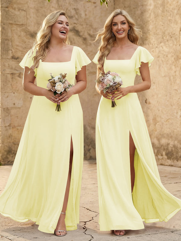 Chiffon Square Neck Corset Bridesmaid Dresses with Slit