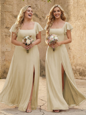 Chiffon Square Neck Corset Bridesmaid Dresses with Slit