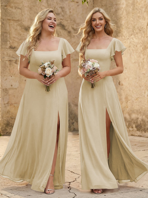 Chiffon Square Neck Corset Bridesmaid Dresses with Slit