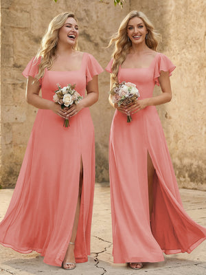 Chiffon Square Neck Corset Bridesmaid Dresses with Slit