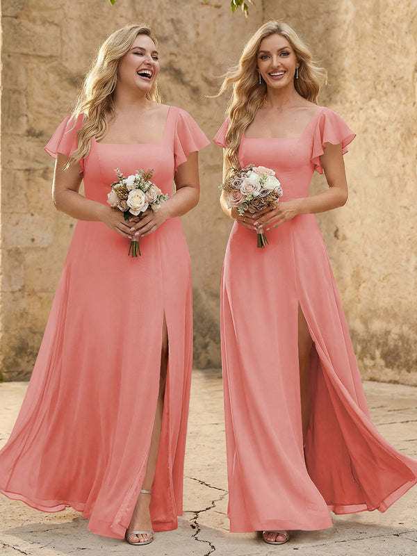 Chiffon Square Neck Corset Bridesmaid Dresses with Slit