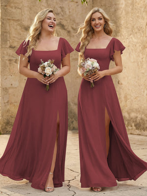 Chiffon Square Neck Corset Bridesmaid Dresses with Slit