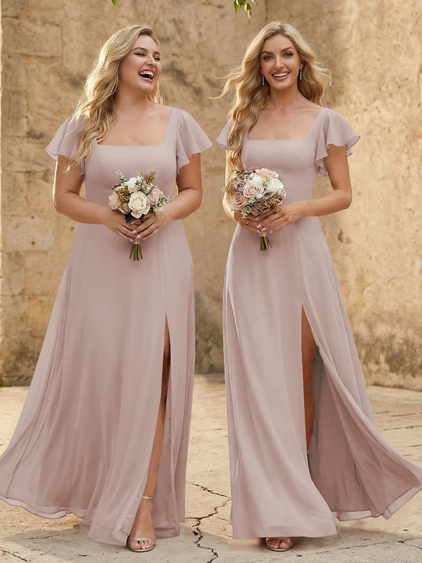 Chiffon Square Neck Corset Bridesmaid Dresses with Slit