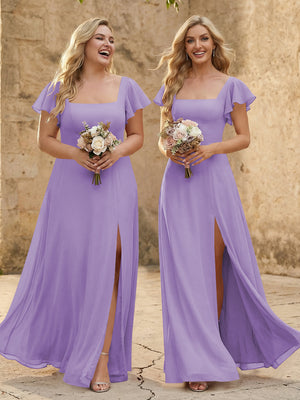 Chiffon Square Neck Corset Bridesmaid Dresses with Slit