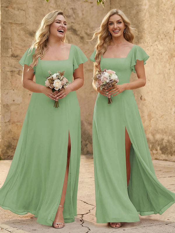 Chiffon Square Neck Corset Bridesmaid Dresses with Slit