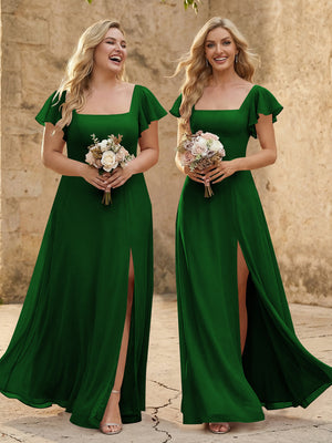 Chiffon Square Neck Corset Bridesmaid Dresses with Slit
