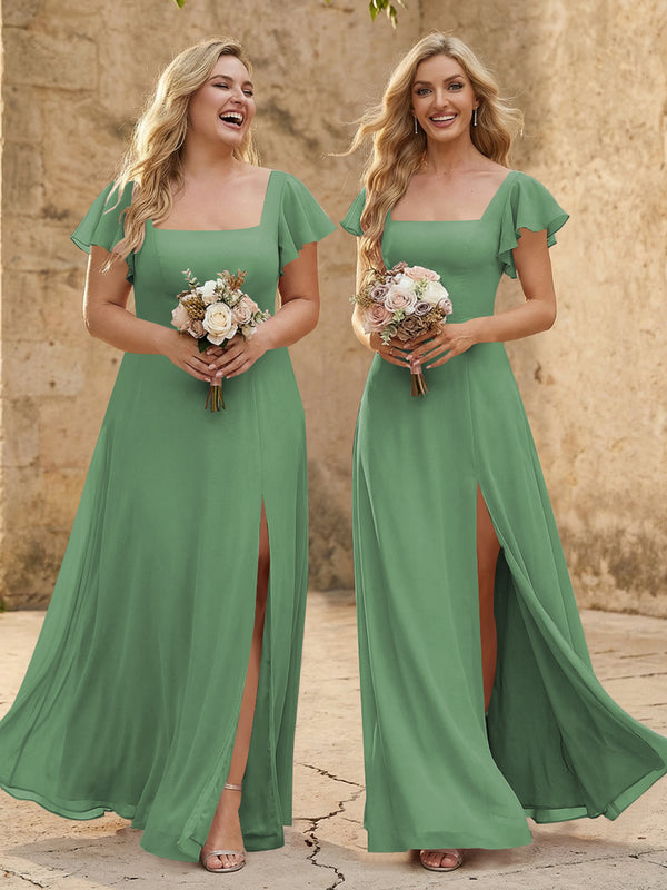 Chiffon Square Neck Corset Bridesmaid Dresses with Slit