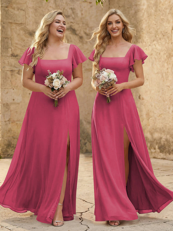 Chiffon Square Neck Corset Bridesmaid Dresses with Slit