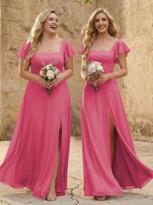 Chiffon Square Neck Corset Bridesmaid Dresses with Slit