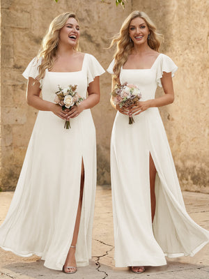 Chiffon Square Neck Corset Bridesmaid Dresses with Slit