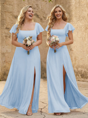 Chiffon Square Neck Corset Bridesmaid Dresses with Slit