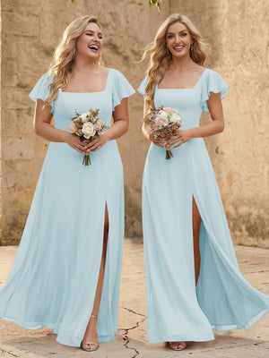 Chiffon Square Neck Corset Bridesmaid Dresses with Slit