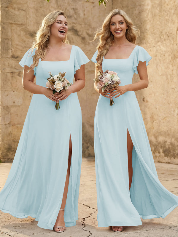Chiffon Square Neck Corset Bridesmaid Dresses with Slit