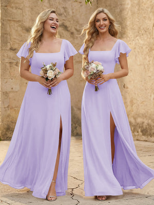 Chiffon Square Neck Corset Bridesmaid Dresses with Slit