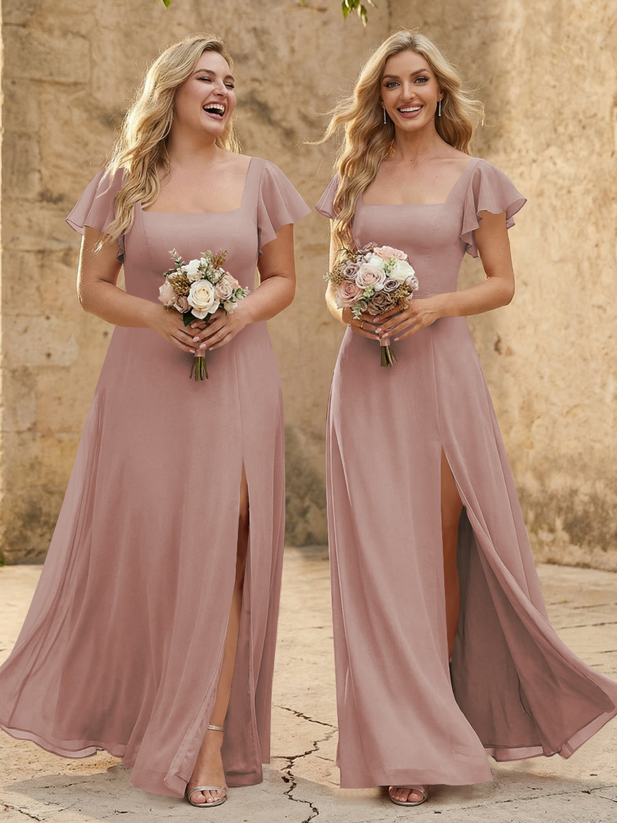 Chiffon Square Neck Corset Bridesmaid Dresses with Slit