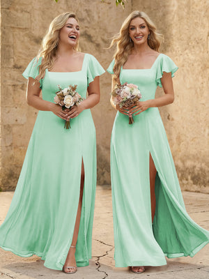 Chiffon Square Neck Corset Bridesmaid Dresses with Slit
