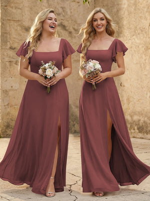 Chiffon Square Neck Corset Bridesmaid Dresses with Slit
