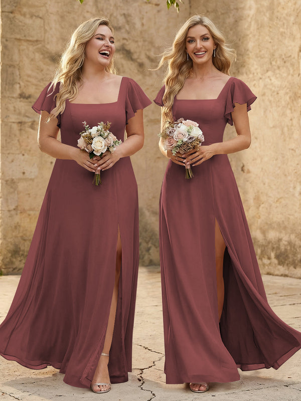 Chiffon Square Neck Corset Bridesmaid Dresses with Slit