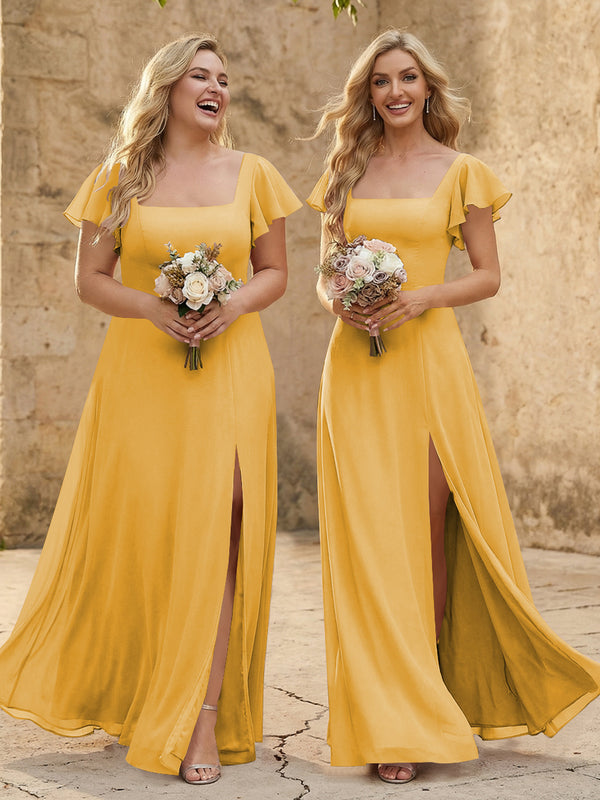 Chiffon Square Neck Corset Bridesmaid Dresses with Slit