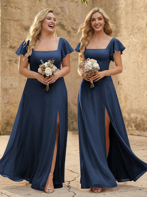 Chiffon Square Neck Corset Bridesmaid Dresses with Slit
