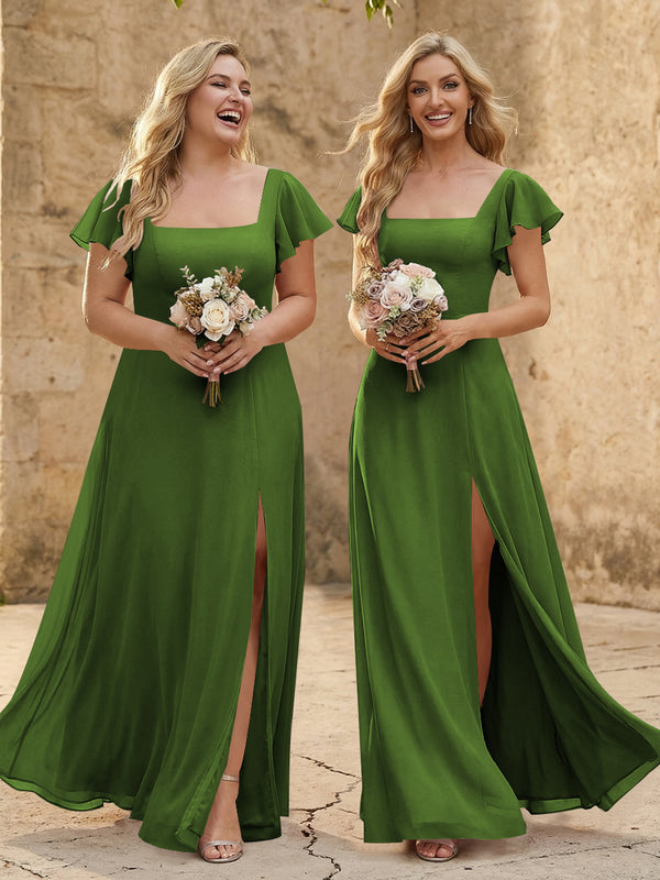 Chiffon Square Neck Corset Bridesmaid Dresses with Slit
