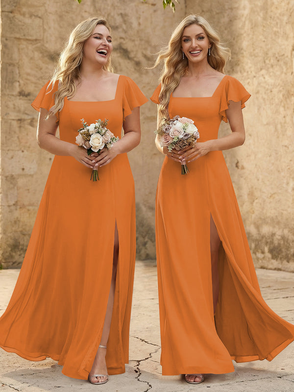 Chiffon Square Neck Corset Bridesmaid Dresses with Slit
