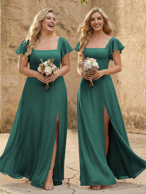 Chiffon Square Neck Corset Bridesmaid Dresses with Slit