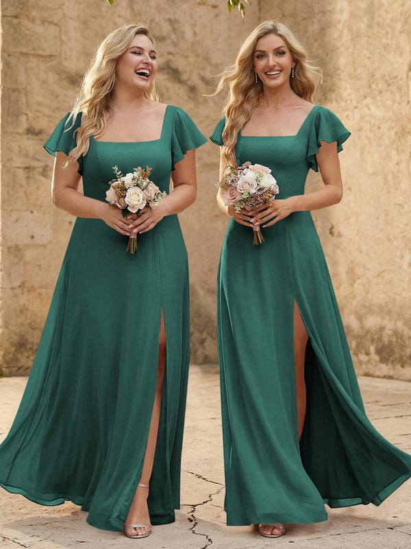 Chiffon Square Neck Corset Bridesmaid Dresses with Slit