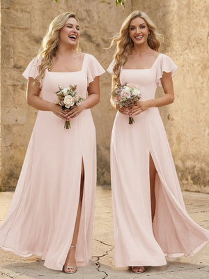 Chiffon Square Neck Corset Bridesmaid Dresses with Slit