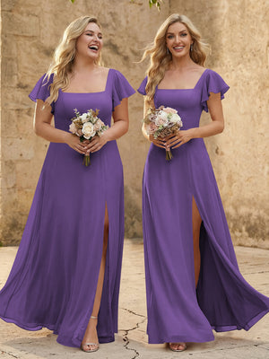 Chiffon Square Neck Corset Bridesmaid Dresses with Slit