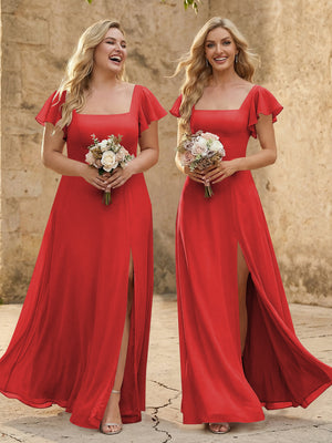 Chiffon Square Neck Corset Bridesmaid Dresses with Slit