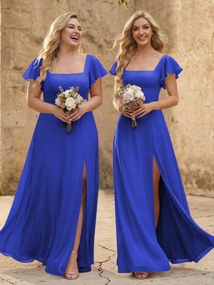 Chiffon Square Neck Corset Bridesmaid Dresses with Slit