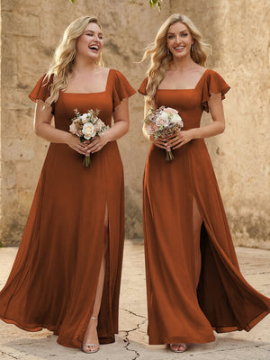 Chiffon Square Neck Corset Bridesmaid Dresses with Slit